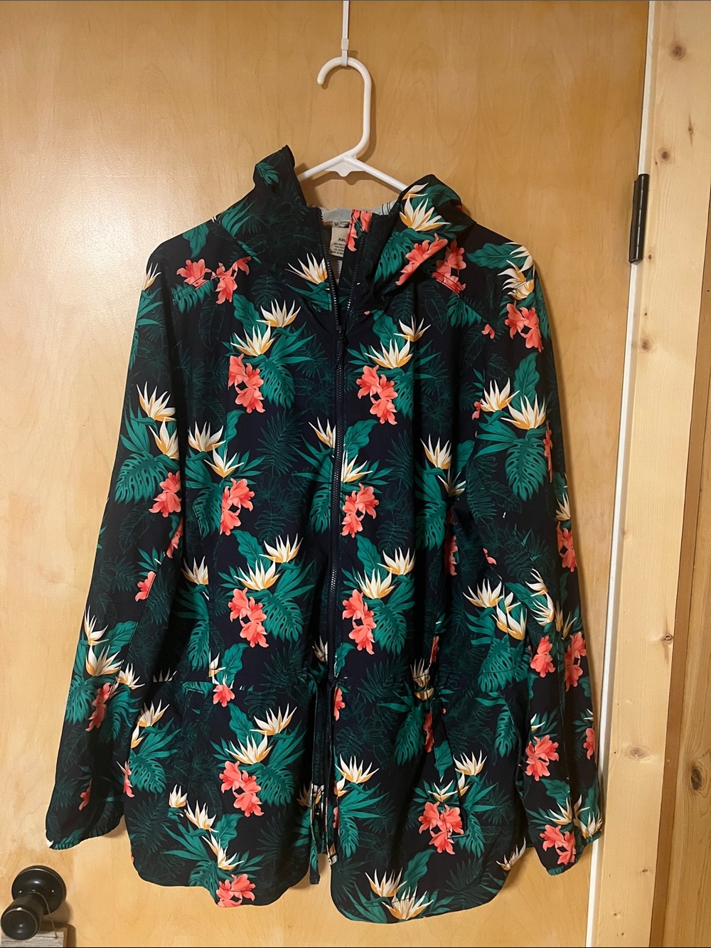 Duluth Trading Co Black Hooded Jacket with Green & Coral Floral Print